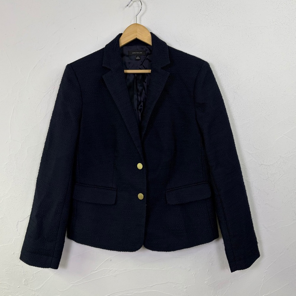 Ann Taylor Blazer Jacket Women 14 Navy Blue Textured Gold Button Professional